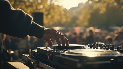 A close-up of the hands and equipment of an electronic DJ playing and mixing outdoors at a beach party festival with a crowd of people at night Fun, youth, entertainment, and fest concept.