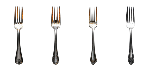 set of forks are shown in a row, all of which are silver on transparent background PNG