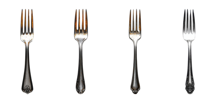 set of forks are shown in a row, all of which are silver on transparent background PNG