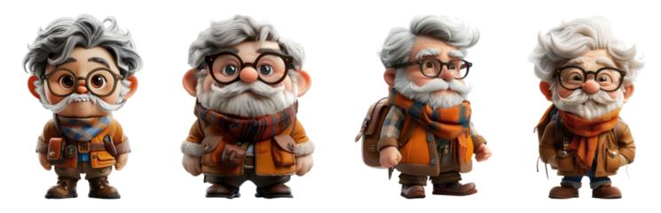 set of cartoon characters with glasses and scarves on transparent background PNG