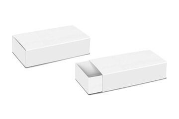 White blank paper slider box. 3d vector mock-up. Cardboard tray and sleeve two-piece gift box. Realistic mockup. Paperboard sliding lid container packaging. Template for design
