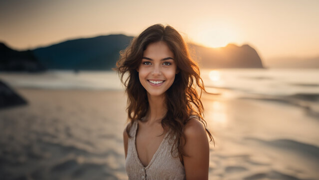A radiant brunette girl with flawless skin beams at the camera, her natural makeup glowing in the sunlight. Her neat hair and joyful expression capture the essence of youthful beauty