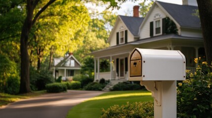 A white mailbox sits on a wooden post in front of a house with green lawn and trees, a driveway leads to the house.
