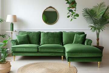 Olive green three-seat sofa with gold legs in a decorated living room featuring plants, white walls, floor lamps, mirrors, coffee table, carpet, side tables, vases, and lights.