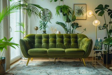Fototapeta premium Olive green three-seat sofa with gold legs in a decorated living room featuring plants, white walls, floor lamps, mirrors, coffee table, carpet, side tables, vases, and lights.