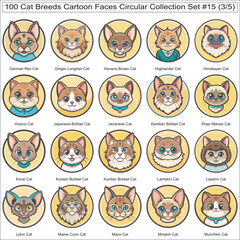 Obraz premium Cat Breeds Cartoon Faces Circular Collection Set of 100 Cat Faces Isolated Part 3