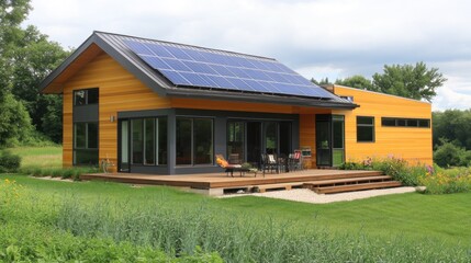 Obraz premium Modern house with solar panels on the roof and a wooden deck.