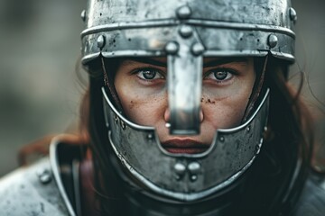 A woman with blue eyes in a metal knight's helmet looks at the camera.