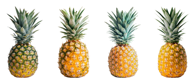 set of yellow pineapples are shown in a row on transparent background PNG