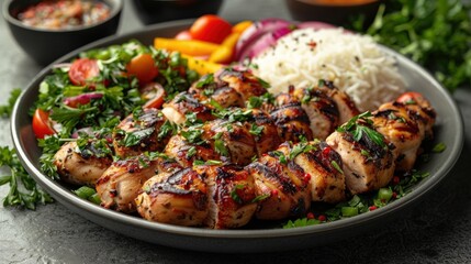 Beautifully arranged plate of halal grilled chicken with rice, vegetables, and a garnish of fresh herbs