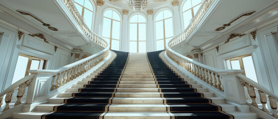 Fototapeta premium Elegance and luxury of French style architectural interior modern black staircase leads to a grand hall decorated with gold carpet and marble steps with the bright sky through large minimalist windows