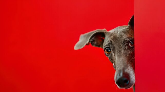 A greyhound peeking behind the red background, stand up ears, photo illustration