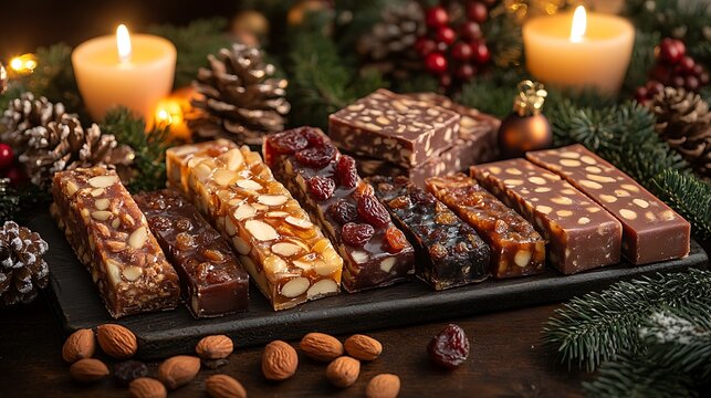 A selection of Spanish turr&oacute;n bars, beautifully arranged with almonds, honey, and dried fruits, displayed on a holiday table with candles, garlands, and Christmas decorations,