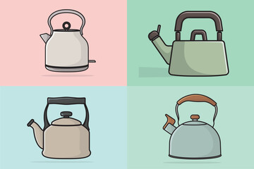 Collection of Tea Kettle vector illustration. Kitchen interior object icon concept. Morning Tea Teapot with closed lid icon design on light orange background.