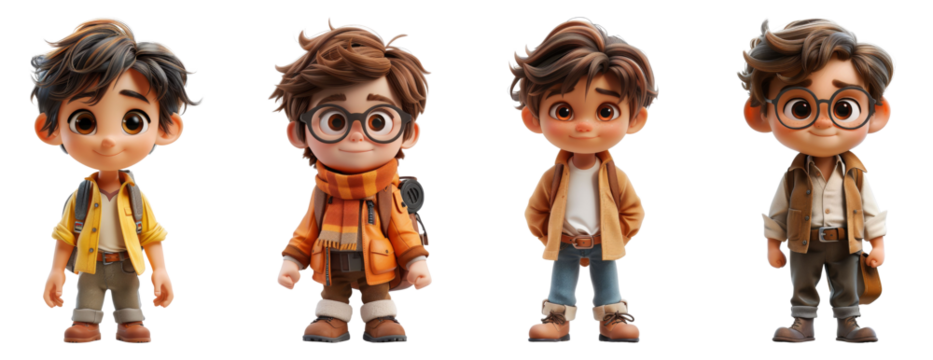 set of cartoon characters are standing in a row, each wearing a different outfit on transparent background PNG