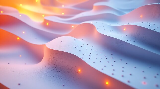 A minimalist 3D papercraft scatter plot, small paper dots of different sizes and colors scattered across a raised paper grid, glowing ambient light, realistic shadows, intricate paper bead textures,