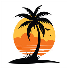 Silhouette of tropical island with coconut tree and sunset isolated on white background