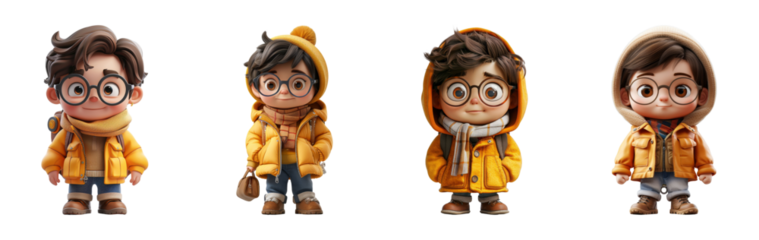set of cartoon children in yellow jackets and glasses on transparent background PNG