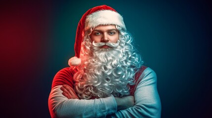 Fototapeta premium A person dressed as Santa Claus with a curly white beard and festive attire, posing confidently against a colorful backdrop.