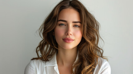 Naklejka premium Beautiful brunette female face model with natural skin wearing nice elegance business style clothes with office background