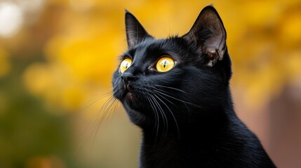 Black cat with yellow eyes against autumn background, close-up. Feline beauty and nature concept