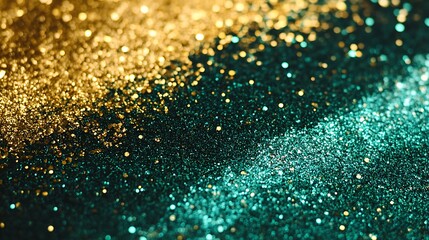 Vibrant Emerald and Gold Glitter Texture with Bright Shimmer, Providing Space for Custom Text, Perfect for Invitations, Ads, or Artistic Backdrops