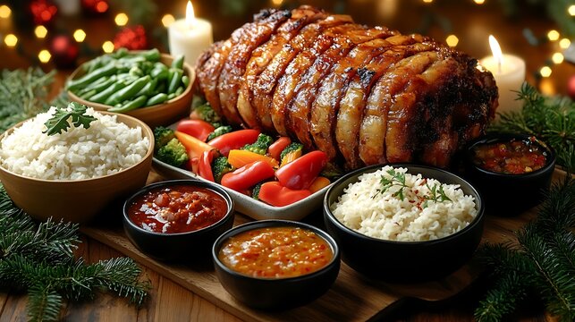 A traditional Filipino holiday table featuring a whole roasted lechon with crispy skin, served alongside bowls of rice, fresh vegetables, and dipping sauces,