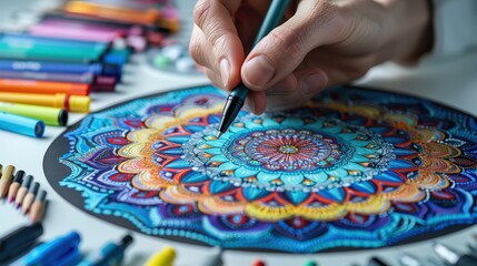 Naklejka premium A hand holding a fine-tipped pen, outlining a mandala on a paper sheet, with colored markers and precision tools spread out on a clean white desk.