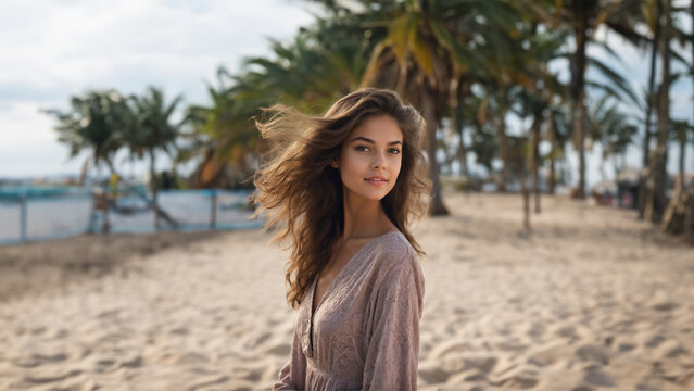 A charming brunette with healthy skin and a contagious smile poses against a picturesque beach backdrop. Her natural makeup enhances her features, making her the perfect model for cosmetic