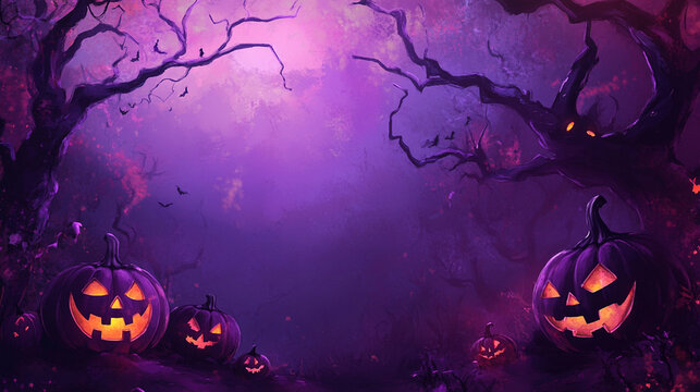 Purple Halloween background with pumpkins and tree. Abstract grunge wallpaper for holiday party - Powered by Adobe