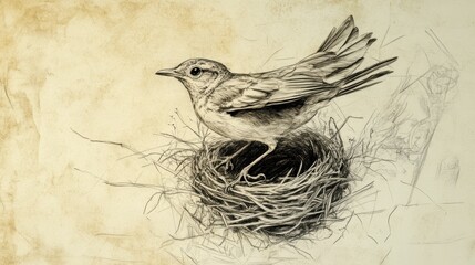 Biblical Illustration: Israelite mother bird being protected in her nest, demonstrating the law about caring for animals. Deuteronomy scene, beige background, ideal for Bible wall art.