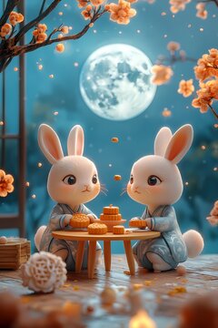 Mid-Autumn Festival illustration, two rabbits sitting under the moon eating mooncakes