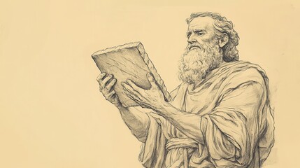 Fototapeta premium Bible Wall Art: Moses Holding Stone Tablets in Deuteronomy - Final Words and Covenant Reminder - Beige Background