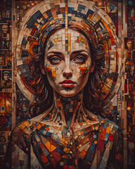 Portrait of woman with abstract colorful mosaic on the wall.