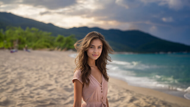 A charming brunette with healthy skin and a contagious smile poses against a picturesque beach backdrop. Her natural makeup enhances her features, making her the perfect model for cosmetic