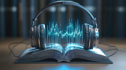 3D rendered audio book with headphones connected to the spine, the book s cover displaying a digital waveform, high-tech industrial design, cool white light, intricate metallic textures, futuristic
