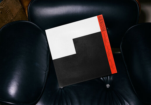 Mockup Of Customizable Lp Record Album Cover On Leather Chair