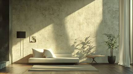 Interior design of a modern, empty living room with wall