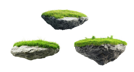 Set of 3D renderings of floating islands with grass. Isolated on white background.