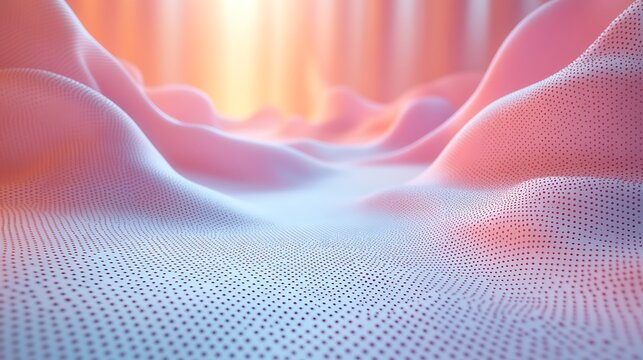 A modern 3D papercraft scatter plot, pastel paper dots in varying sizes placed on a raised grid, subtle shadows and glowing light, intricate paper bead textures, minimalist setting,