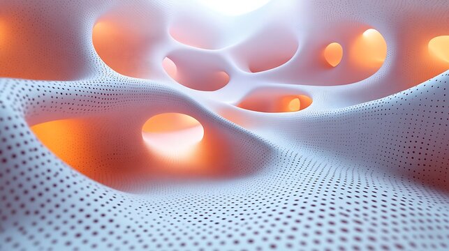 A modern 3D papercraft scatter plot, pastel paper dots in varying sizes placed on a raised grid, subtle shadows and glowing light, intricate paper bead textures, minimalist setting,