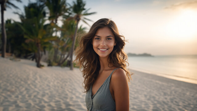 A beautiful brunette with a playful spirit looks directly at the camera, her eyes sparkling with joy. Her natural makeup and effortless style make her the ideal model for cosmetic and skincare