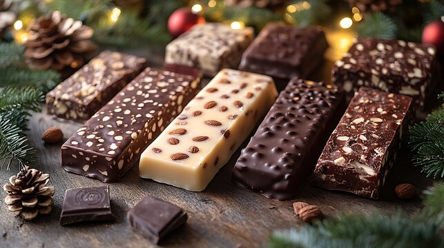 A vibrant holiday table featuring a variety of Spanish turr&oacute;n bars, from soft nougat with almonds to chocolate-covered turr&oacute;n, surrounded by Christmas decorations, glowing lights,