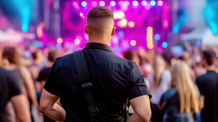 A man in uniform standing at a concert with people around him, AI