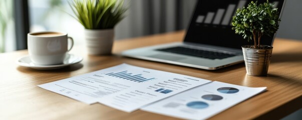Fototapeta premium Business Charts and Graphs on Desk with Laptop Coffee Plants