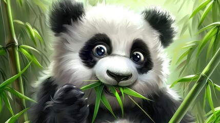 A beautiful panda sits among dense bamboo thickets, showcasing its black and white fur. The adorable bear is a symbol of wildlife conservation in a tropical reserve.