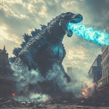 A colossal monster breathes blue fire while standing amidst the ruins of a city, creating a dramatic and intense scene ideal for use in sci-fi, fantasy, or action-themed projects,