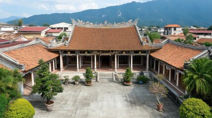 Obraz premium An aerial view of an old temple with a courtyard. The temple has a red tiled roof and a series of white columns.
