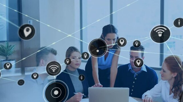 Animation of network of connections with wifi icons over diverse business people in office
