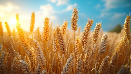 Fototapeta premium beautiful illustration of a field of ripe wheat against the blue sky,